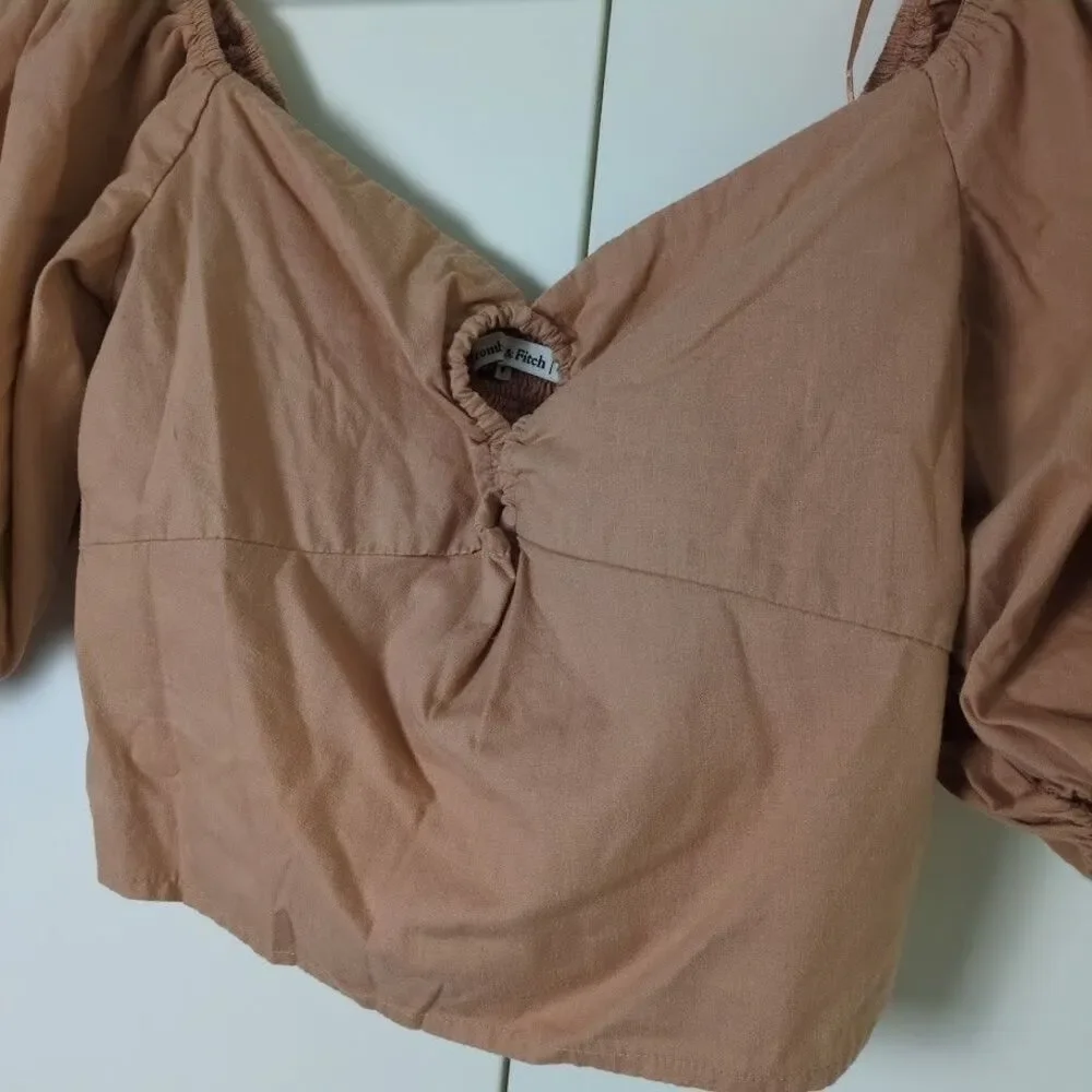 Abercrombie Blouse Womens Size XS Boho Peasant Puff Sleeve O Ring Crop Top
